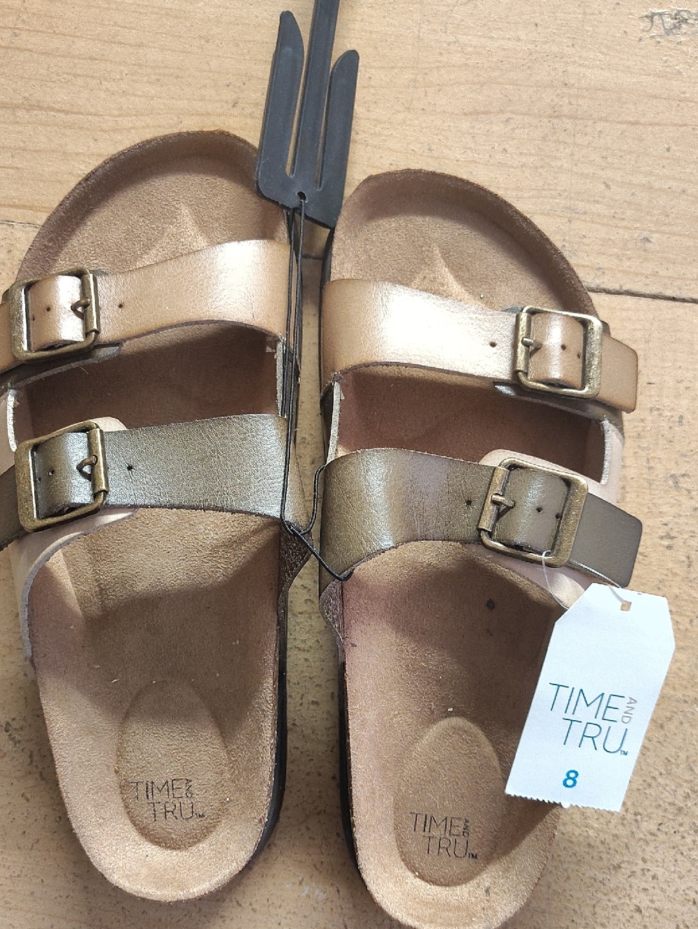 Time and Tru Metallic Gold Two-Buckle Slide Sandals